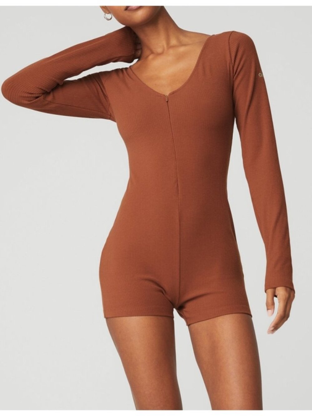 Alo Keep It Sleek Ribbed Onesie Rust Zipper Zip Henley One-Piece Jumpsuit Romper
